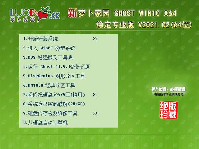 萝卜家园 GHOST WIN10 64位稳定专业版 V2021.02