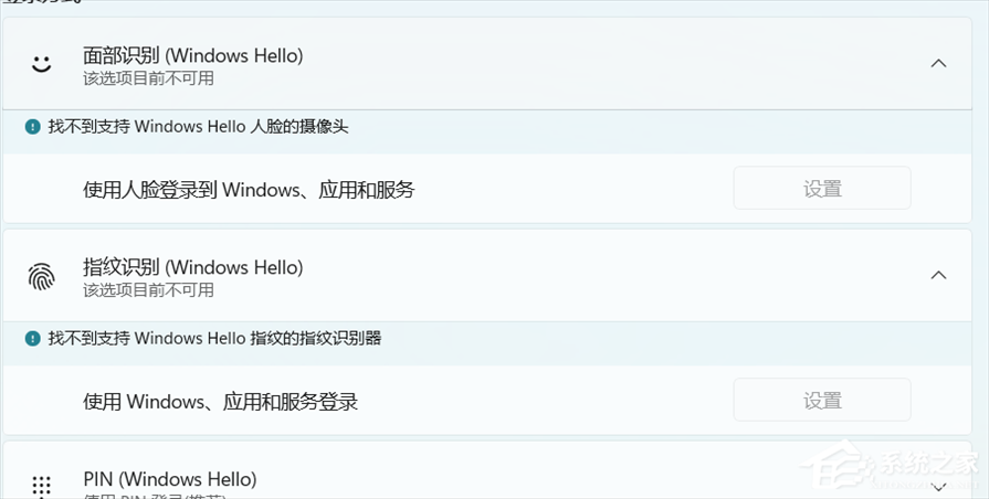 Windows Hello面部识别显示:该项目前不