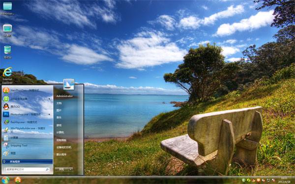 海边木椅win7系统主题