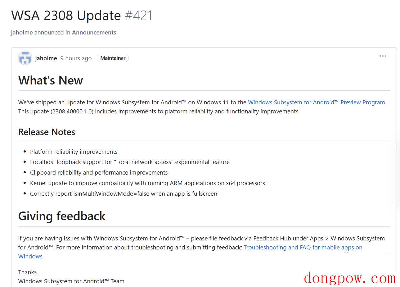微软 Win11 安卓子系统 WSA 2308.40000.1.0 更新推送！